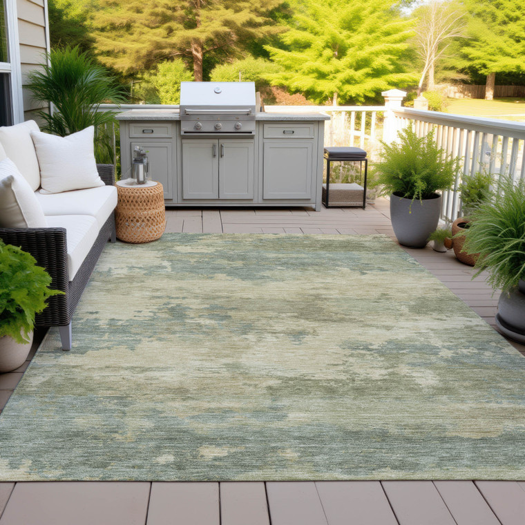 9' X 12' Pale Aqua And Khaki Abstract Washable Indoor Outdoor Area Rug