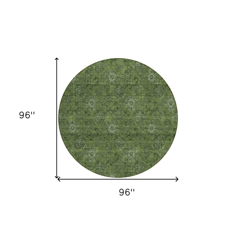 8' Olive Green And Green Round Floral Washable Indoor Outdoor Area Rug