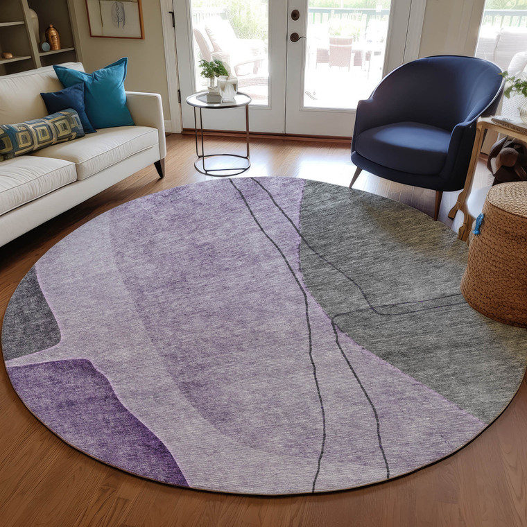 8' Purple Eggplant And Gray Round Abstract Washable Indoor Outdoor Area Rug