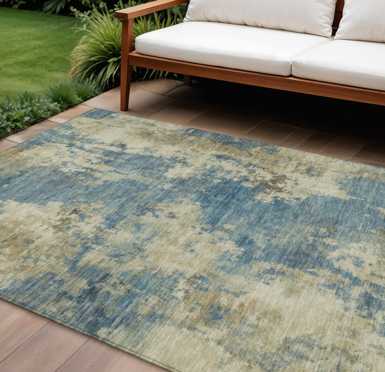 9' X 12' Blue And Beige Abstract Washable Indoor Outdoor Area Rug - Blue, Beige