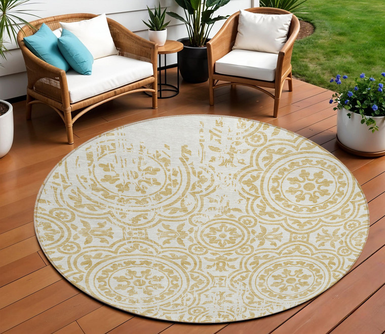 8' Gold And Ivory Round Medallion Washable Indoor Outdoor Area Rug