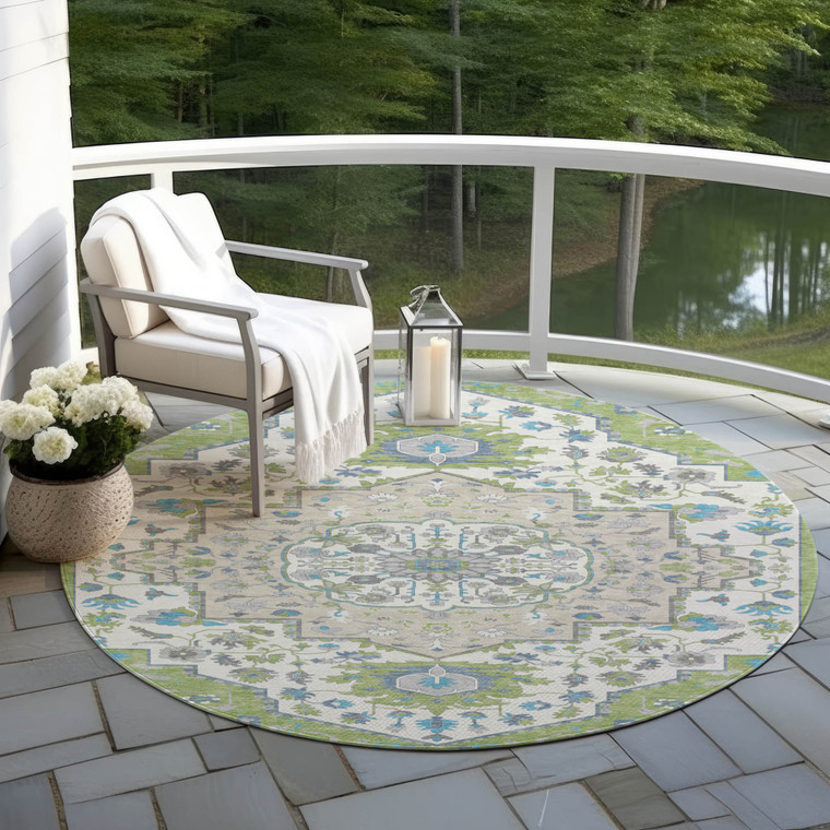 8' Artichoke Green Blue And Ivory Round Oriental Washable Indoor Outdoor Area Rug