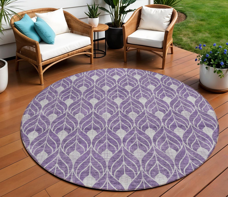 8' Purple And Ivory Round Geometric Washable Indoor Outdoor Area Rug - 608219010379