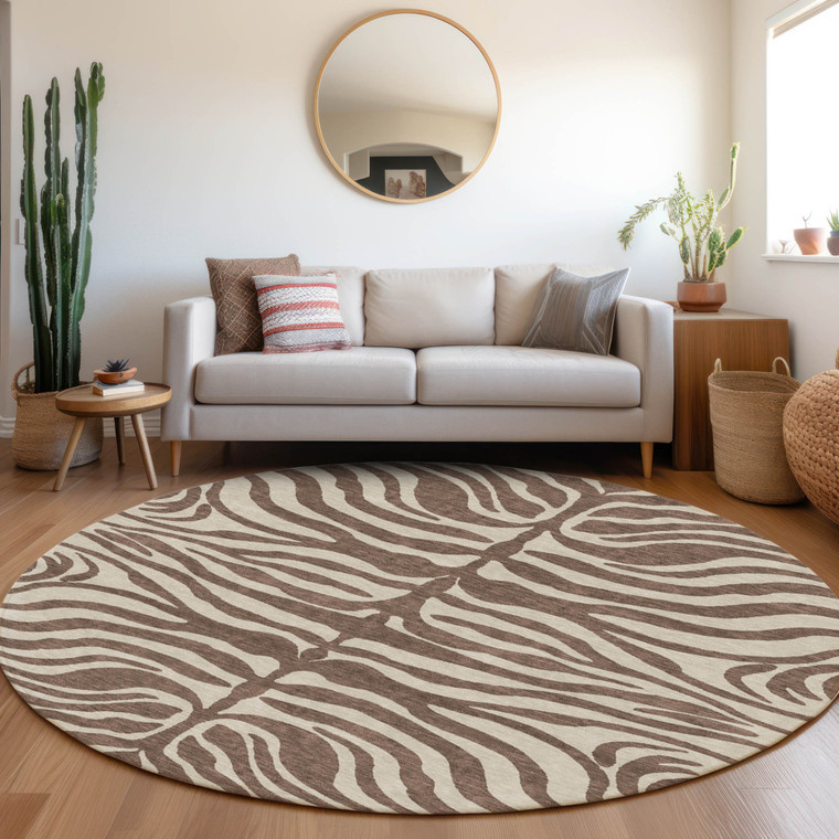 8' Brown And Beige Round Animal Print Washable Indoor Outdoor Area Rug