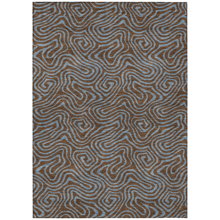 9' X 12' Brown And Light Blue Abstract Washable Indoor Outdoor Area Rug