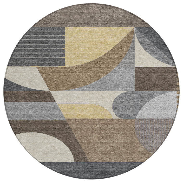 8' Brown Taupe And Wheat Round Geometric Washable Indoor Outdoor Area Rug