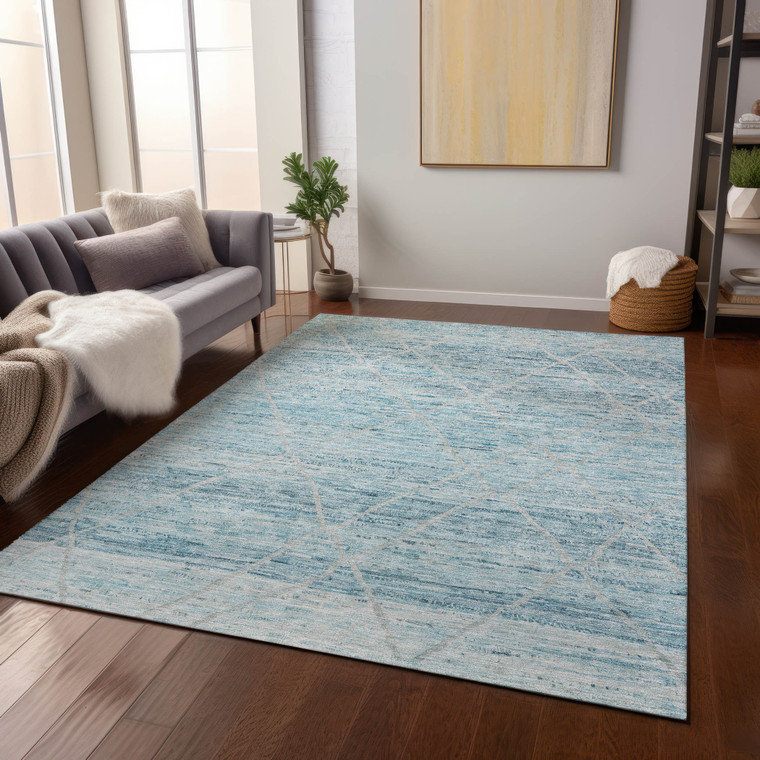 10' X 14' Teal Blue And Ivory Trellis Washable Indoor Outdoor Area Rug - Teal Blue, Ivory