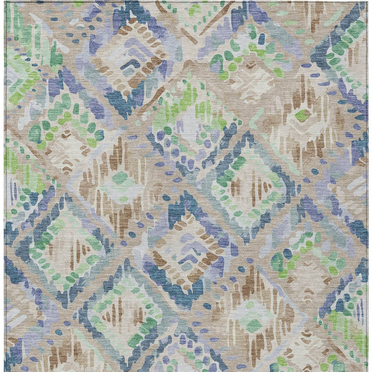 9' X 12' Beige Blue And Green Geometric Washable Indoor Outdoor Area Rug