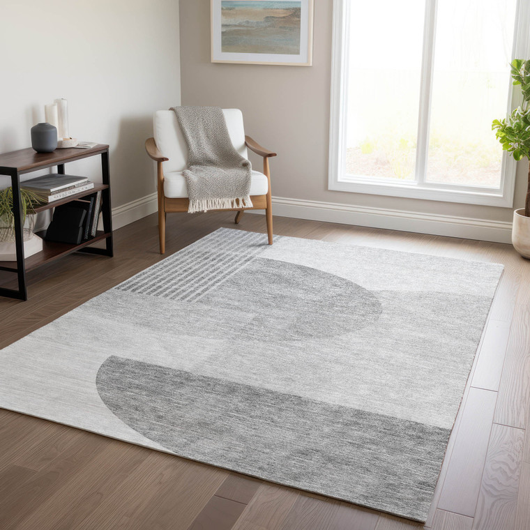 8' X 10' Gray Silver And Ivory Geometric Washable Indoor Outdoor Area Rug