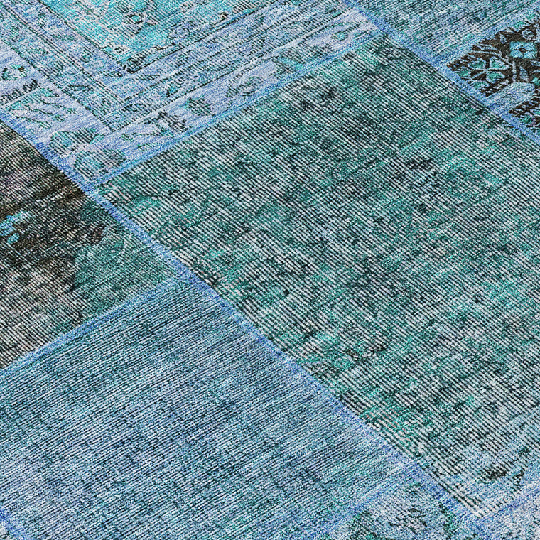 8' X 10' Teal Blue Aqua And Gray Patchwork Washable Indoor Outdoor Area Rug