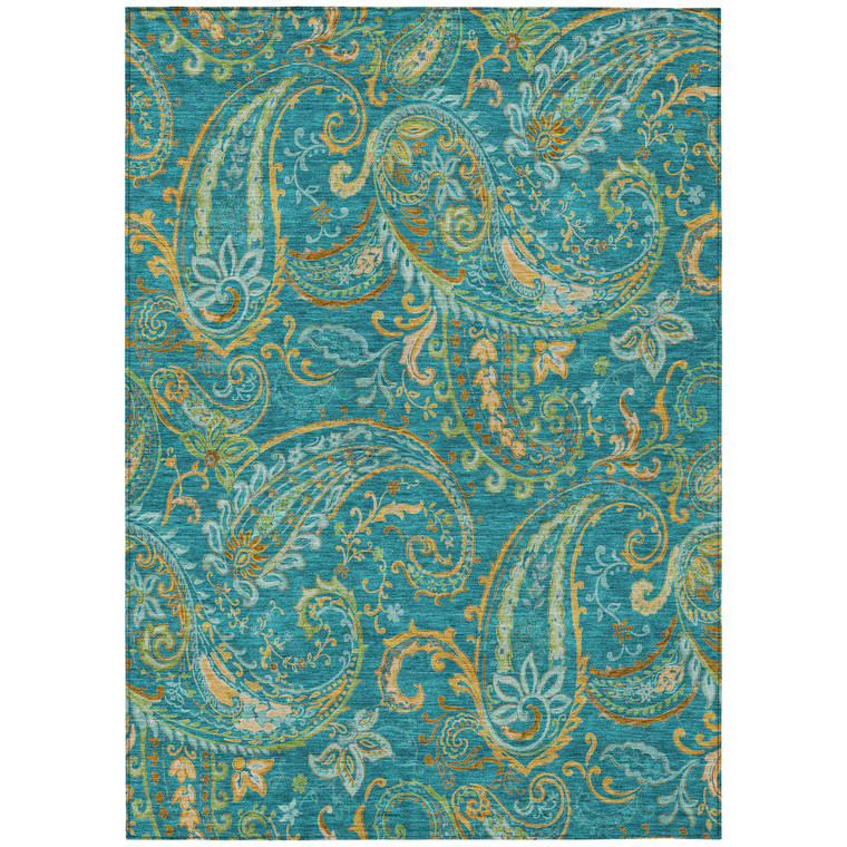 10' X 14' Teal Paisley Washable Non Skid Indoor Outdoor Area Rug
