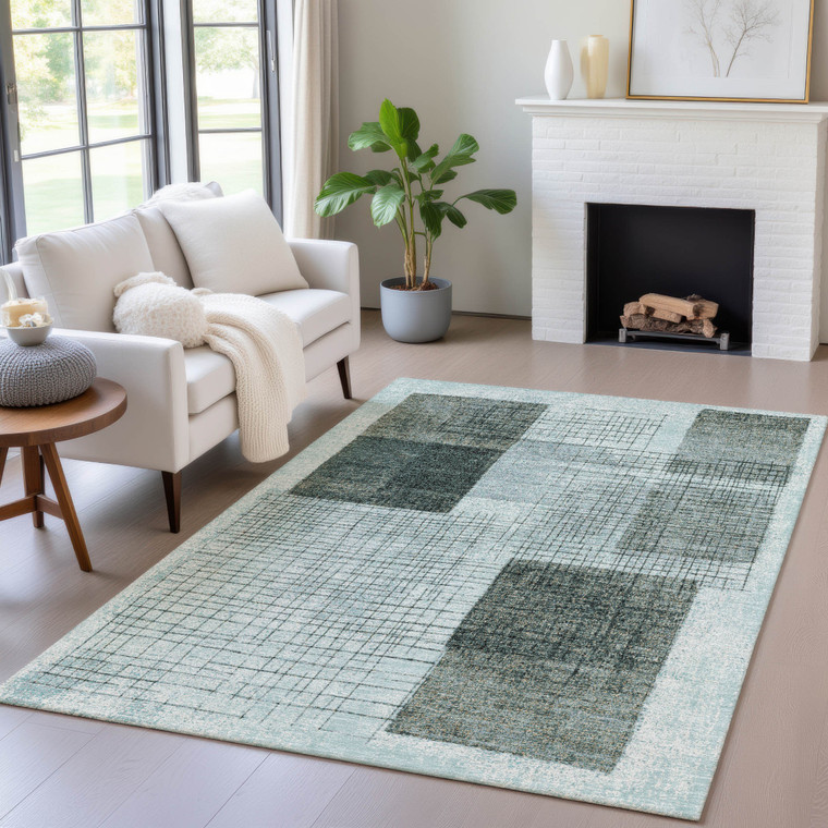 10' X 14' Teal Blue And Gray Geometric Washable Indoor Outdoor Area Rug - Teal Blue, Gray