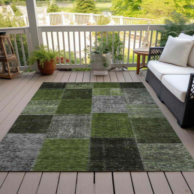 9' X 12' Olive Green And Artichoke Green Patchwork Washable Indoor Outdoor Area Rug - Olive Green, Artichoke Green