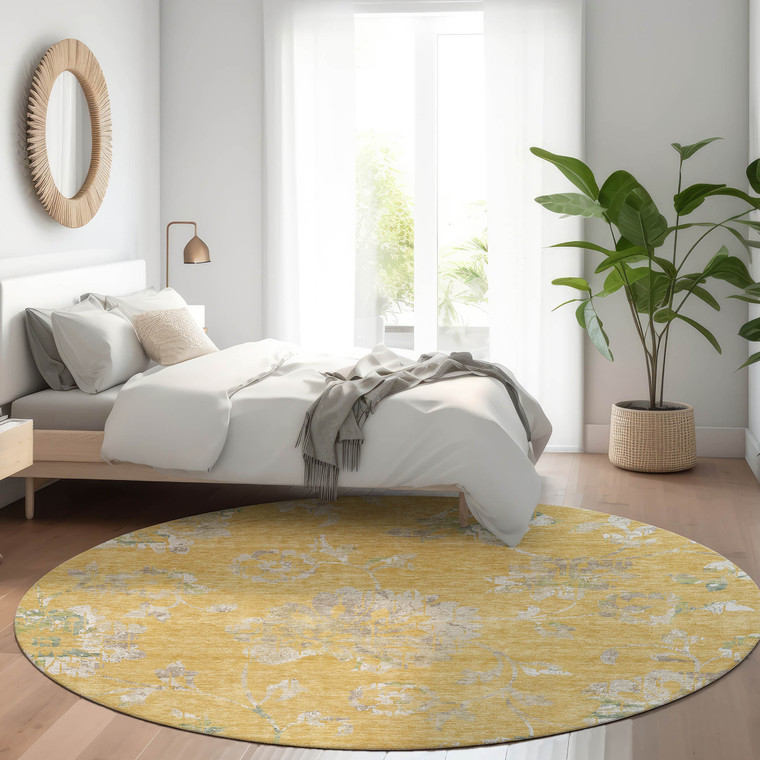 8' Gold Beige And Fern Green Round Floral Washable Indoor Outdoor Area Rug