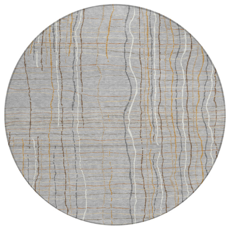 8' Gray Brown And Ivory Round Striped Washable Indoor Outdoor Area Rug