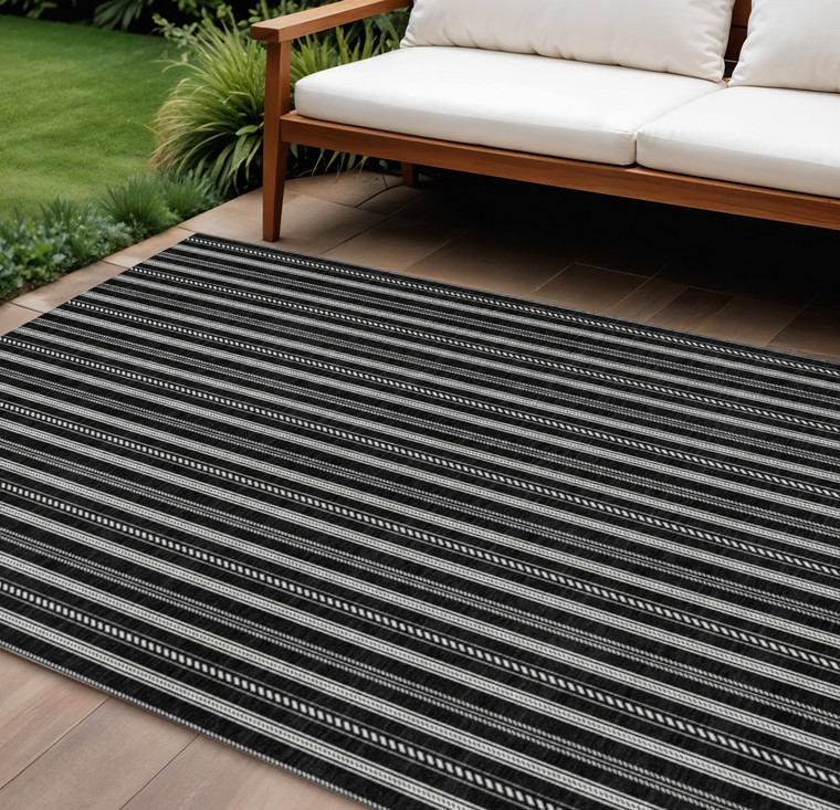 9' X 12' Black And Ivory Striped Washable Indoor Outdoor Area Rug Transitional Style - Black, Ivory Color