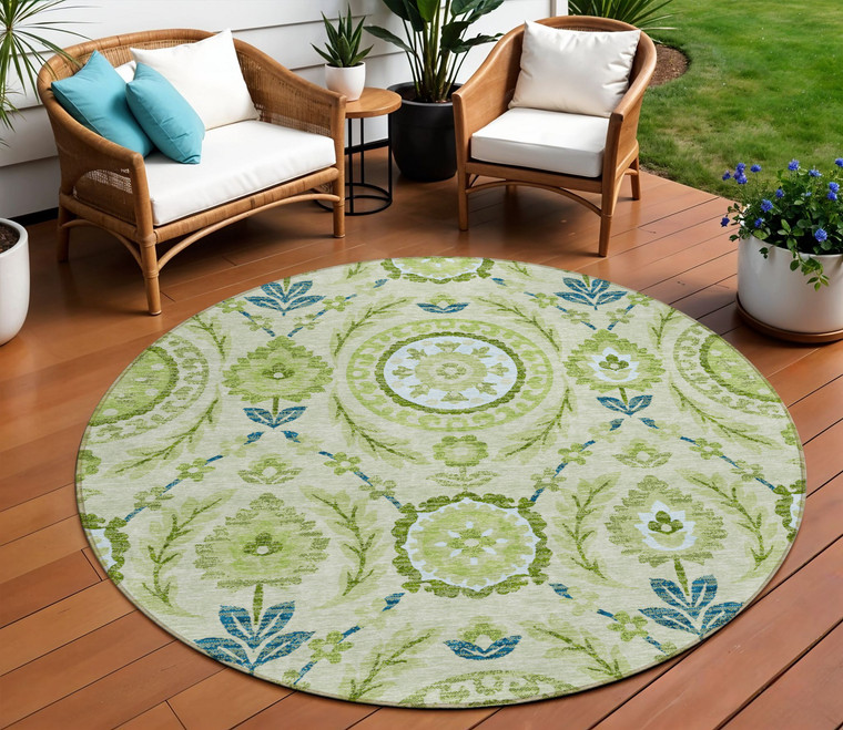 8' Artichoke Green Olive Green And Blue Round Floral Washable Indoor Outdoor Area Rug