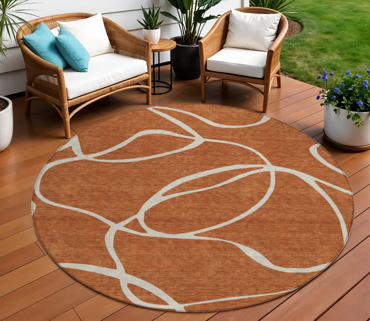 8' Copper And Ivory Round Abstract Washable Indoor Outdoor Area Rug