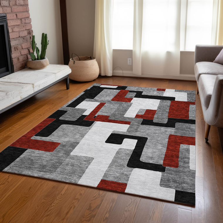 8' X 10' Gray Ivory And Red Geometric Washable Indoor Outdoor Area Rug