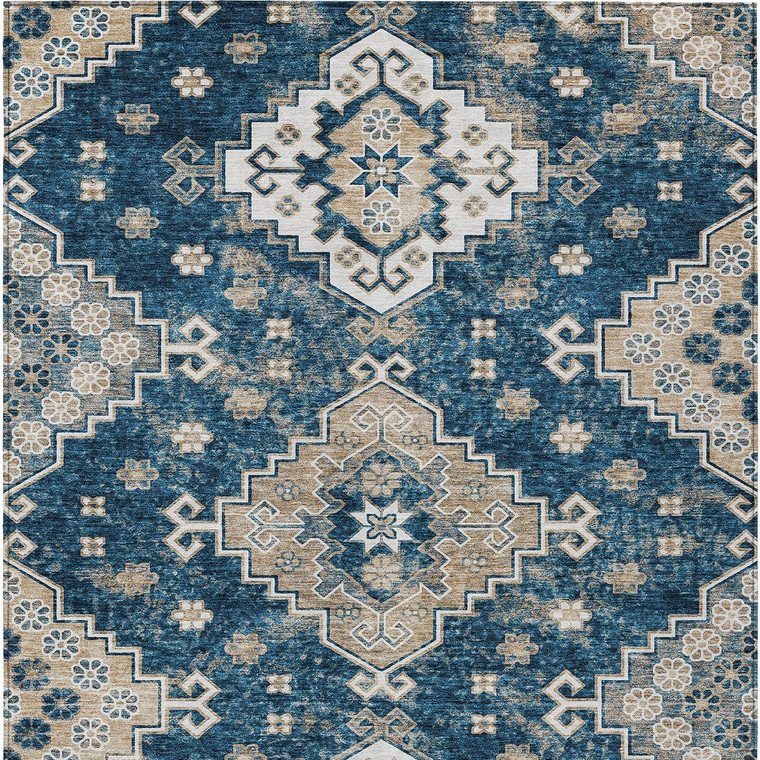 8' X 10' Navy Blue Beige And Ivory Medallion Washable Indoor Outdoor Area Rug