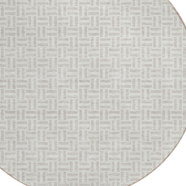 8' Taupe And Silver Round Geometric Washable Indoor Outdoor Area Rug