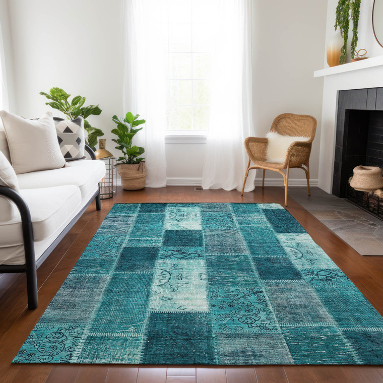 10' X 14' Teal Blue Aqua And Turquoise Patchwork Washable Indoor Outdoor Area Rug