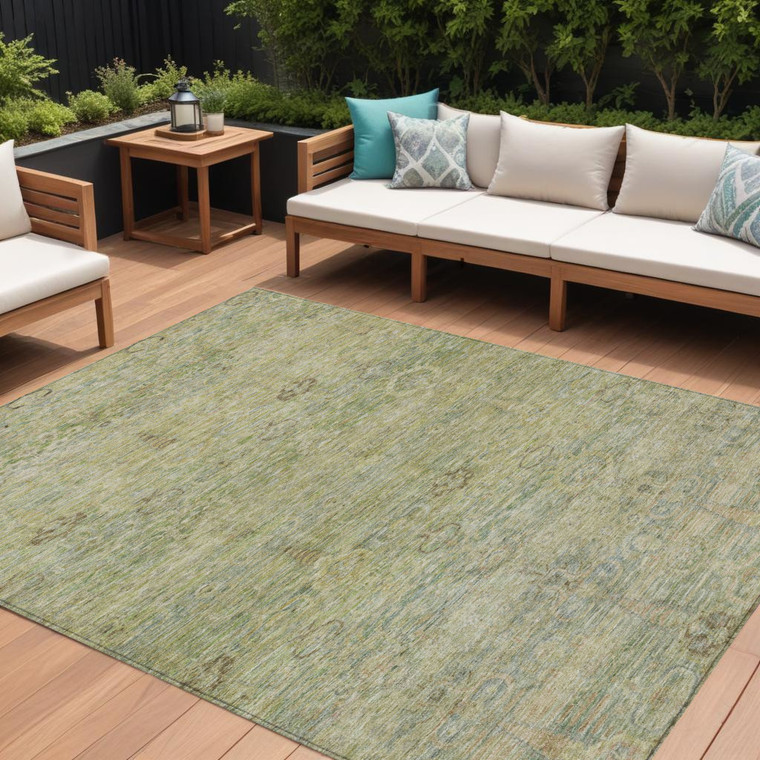 10' X 14' Green And Gold Oriental Washable Indoor Outdoor Area Rug