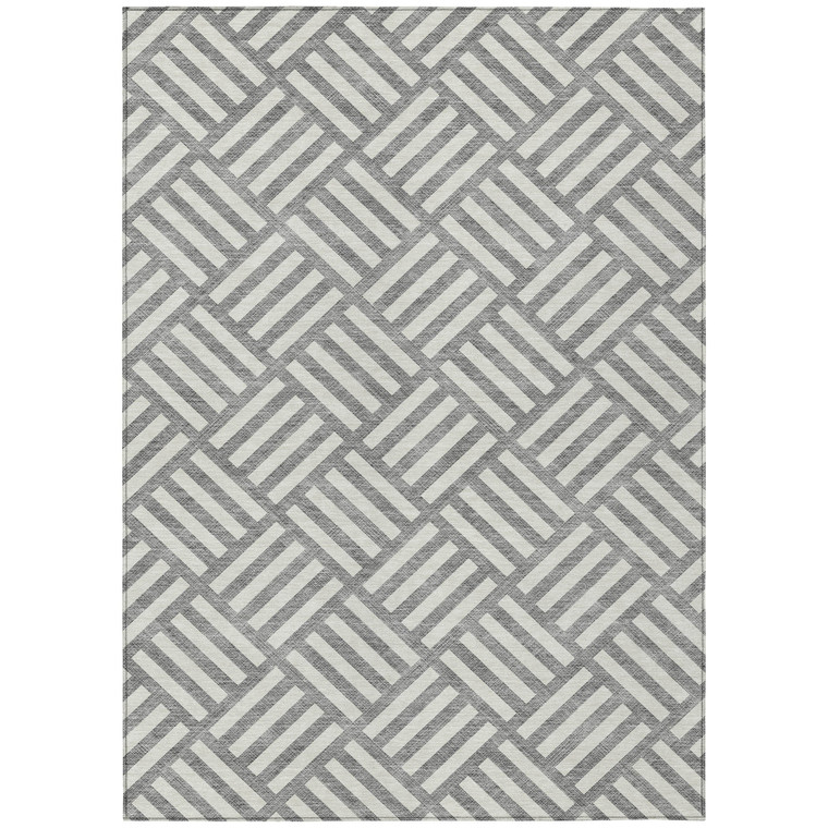 10' X 14' Gray And Ivory Geometric Washable Indoor Outdoor Area Rug