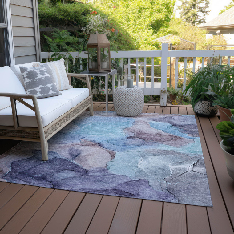 8' X 10' Blue Abstract Washable Non Skid Indoor Outdoor Area Rug