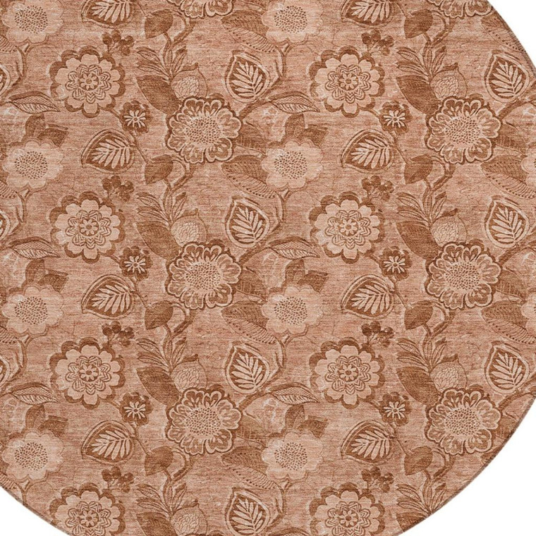 8' Terra Cotta And Copper Round Floral Washable Indoor Outdoor Area Rug