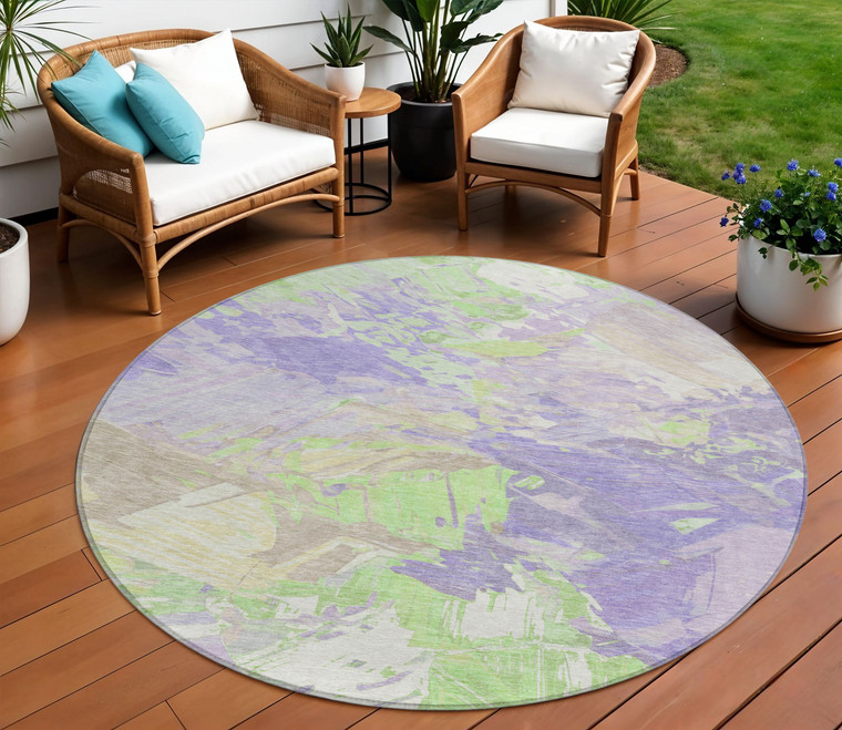 8' Lavender Mint Green And Beige Round Abstract Washable Indoor Outdoor Area Rug