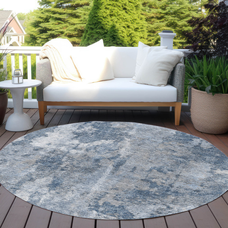8' Round Blue Round Abstract Washable Non Skid Indoor Outdoor Area Rug - 608219061845