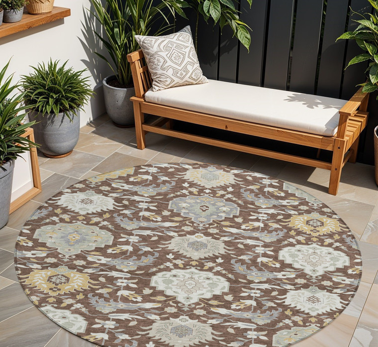 8' Brown Gray And Ivory Round Damask Washable Indoor Outdoor Area Rug