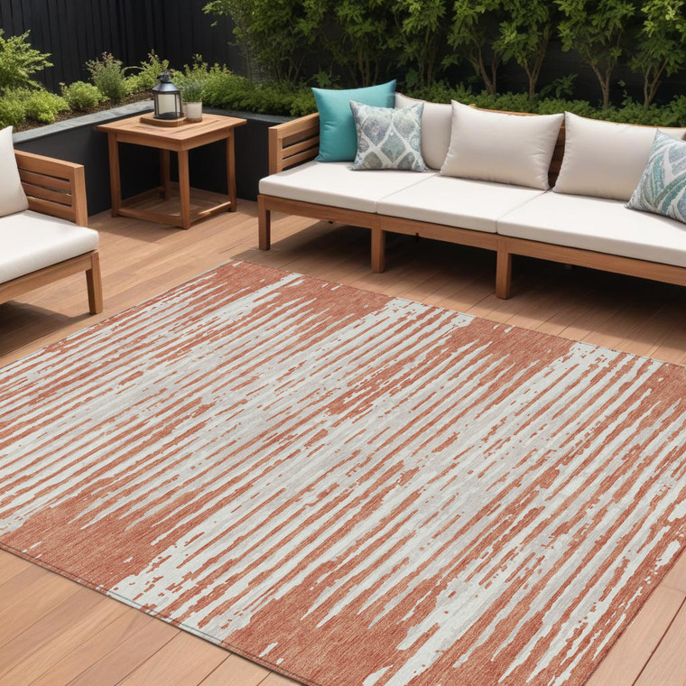 10' X 14' Coral And Ivory Striped Washable Indoor Outdoor Area Rug