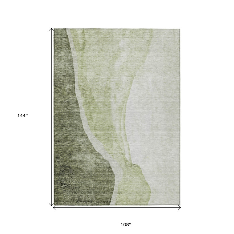 9' X 12' Olive Green And Beige Abstract Washable Indoor Outdoor Area Rug