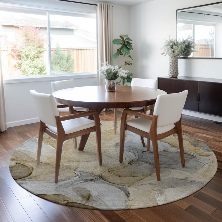 8' Round Brown Round Abstract Washable Non Skid Indoor Outdoor Area Rug