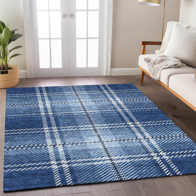 10' X 14' Navy Blue Black And Ivory Plaid Washable Indoor Outdoor Area Rug