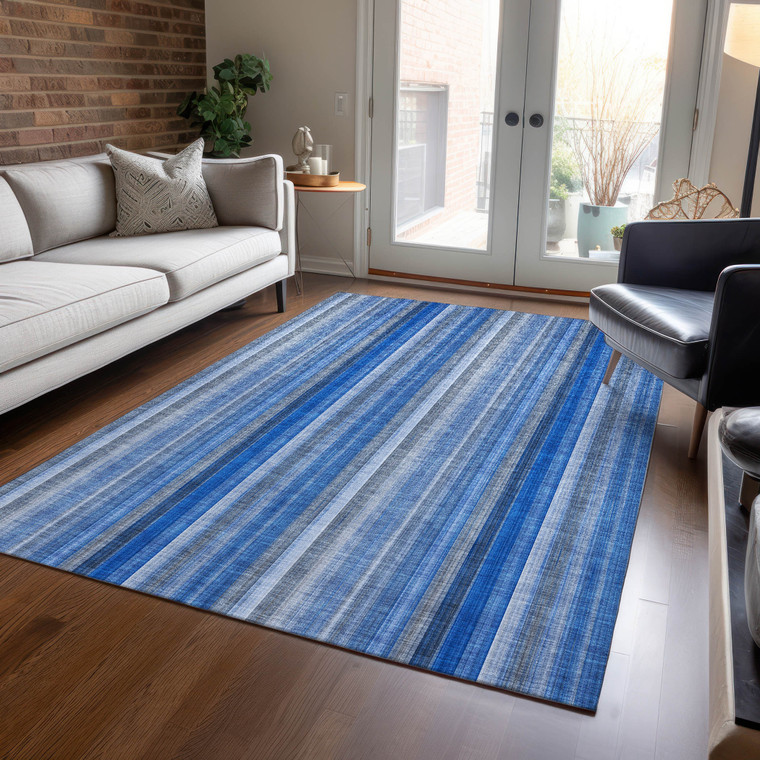 10' X 14' Blue Striped Washable Non Skid Indoor Outdoor Area Rug - 608219117160