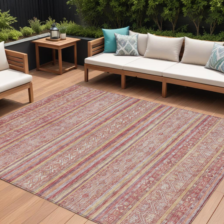 10' X 14' Rust And Coral Oriental Washable Indoor Outdoor Area Rug