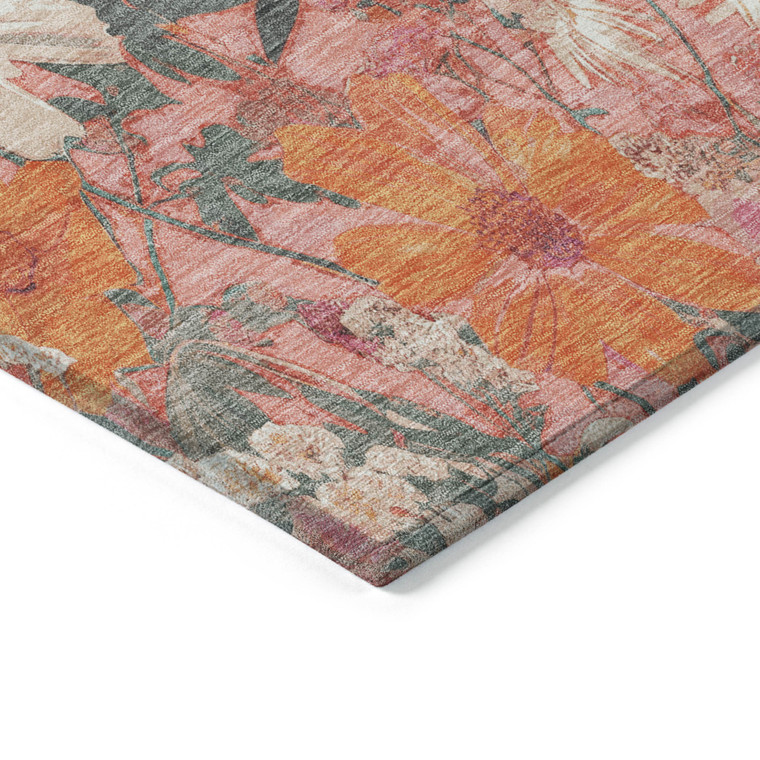 9' X 12' Blush Pink And Orange Floral Washable Indoor Outdoor Area Rug