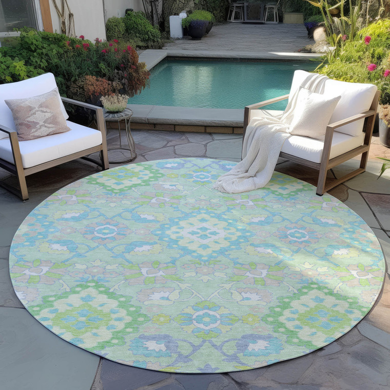 8' Mint Green Blue And Ivory Round Oriental Washable Indoor Outdoor Area Rug
