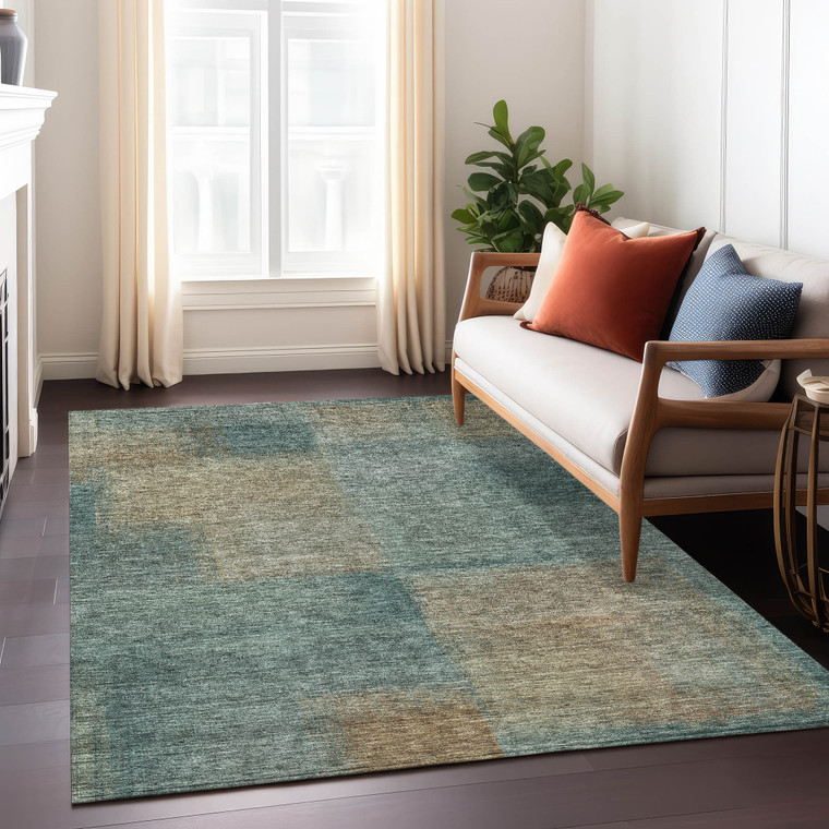 10' X 14' Teal Blue Brown And Taupe Abstract Washable Indoor Outdoor Area Rug