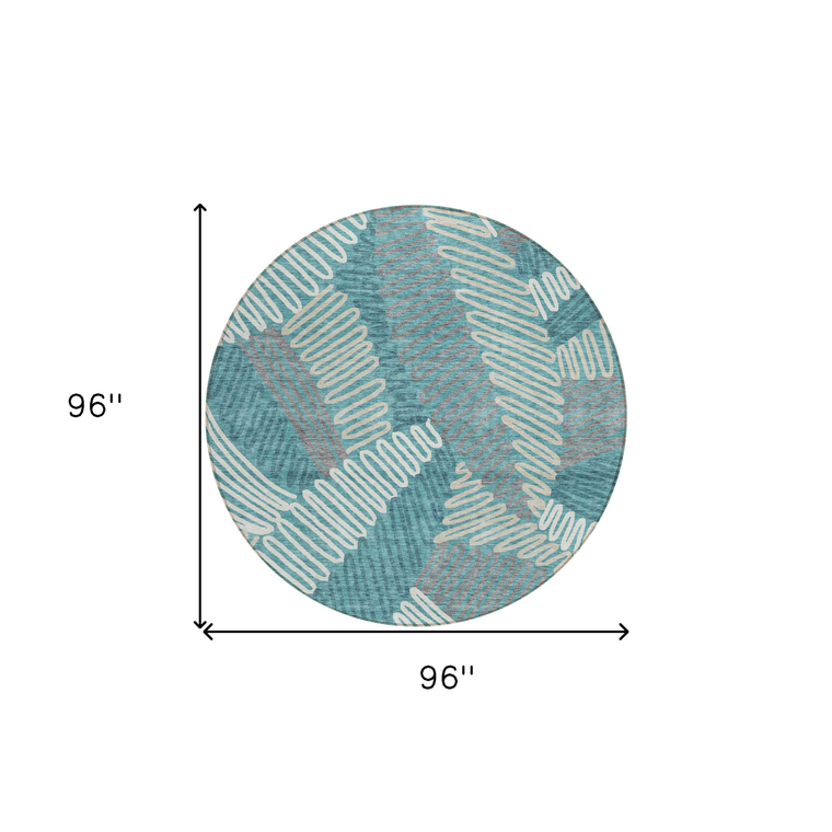 8' Teal Blue Gray And Ivory Round Floral Washable Indoor Outdoor Area Rug