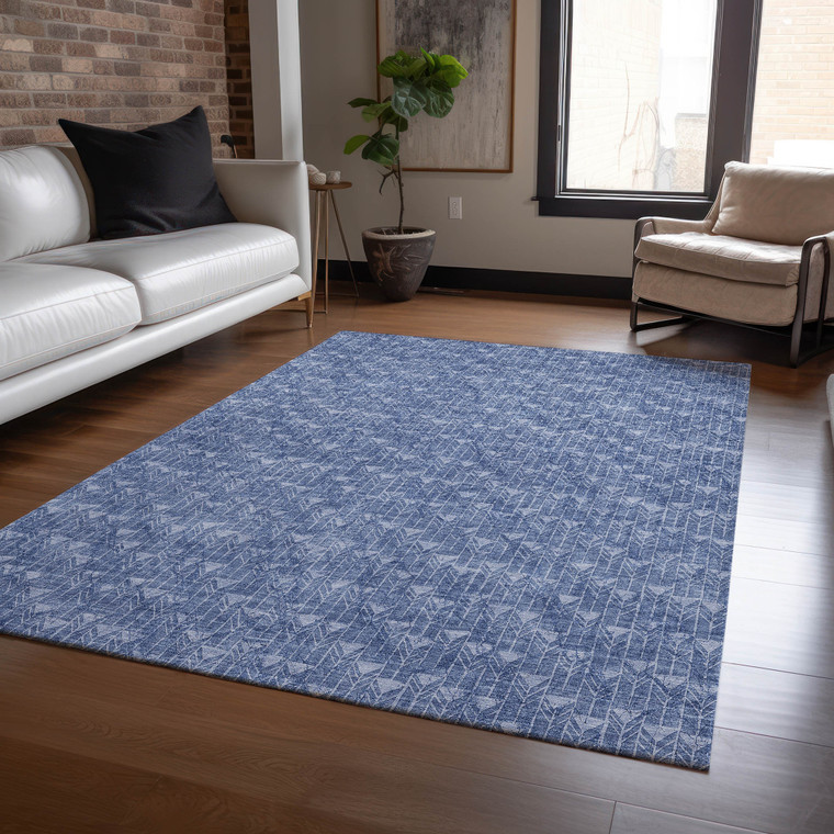 9' X 12' Navy Blue Geometric Washable Non Skid Indoor Outdoor Area Rug