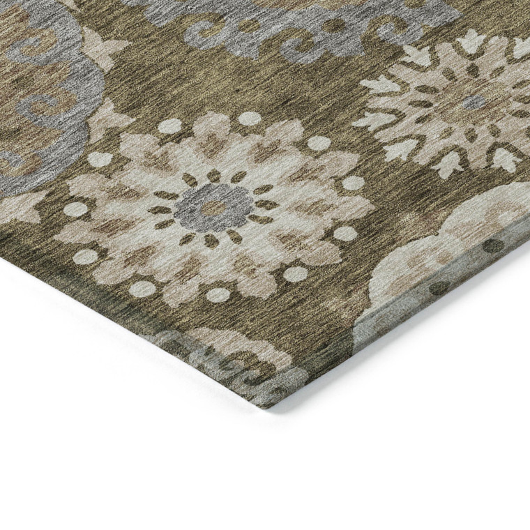 8' X 10' Brown Ivory And Beige Floral Medallion Washable Indoor Outdoor Area Rug