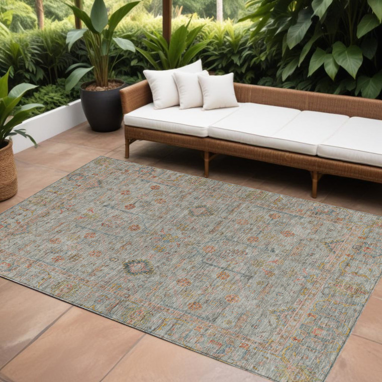 10' X 14' Taupe Terra Cotta And Tan Floral Washable Indoor Outdoor Area Rug