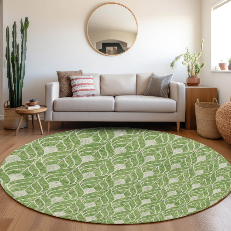 8' Green And Light Green Round Geometric Washable Indoor Outdoor Area Rug - Green, Light Green