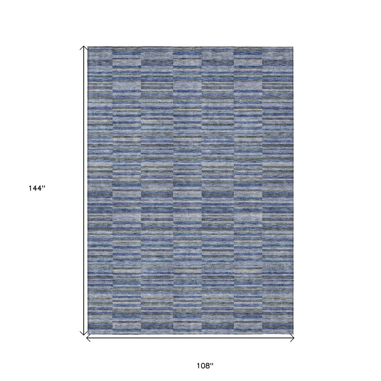 9' X 12' Navy Blue And Denim Blue Striped Washable Indoor Outdoor Area Rug - Navy Blue, Denim Blue