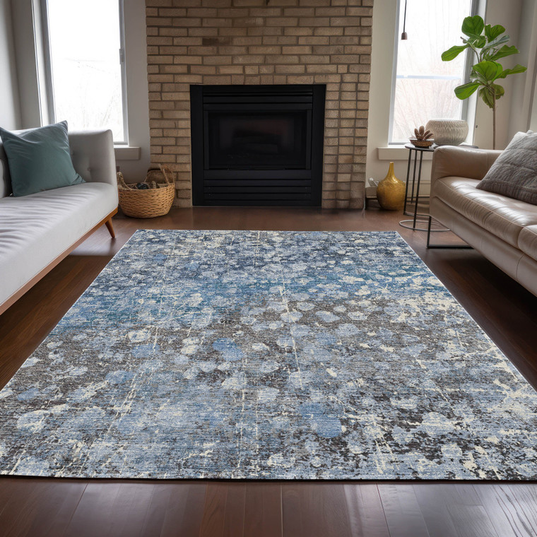 9' X 12' Blue And Gray Abstract Washable Indoor Outdoor Area Rug - Blue, Gray