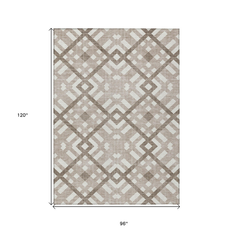 8' X 10' Taupe Brown And Ivory Geometric Washable Indoor Outdoor Area Rug